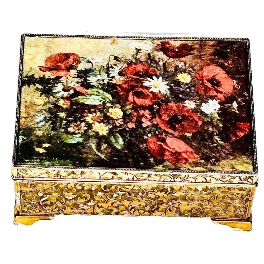Vintage Schmid Bros Music Box Camelot Flowers Red Velvet Made In Japan Jewelry